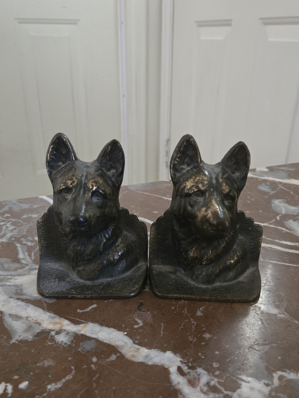 Vintage Pair of Solid Bronze German Shepherd Bookends- Black Gold Highlights
